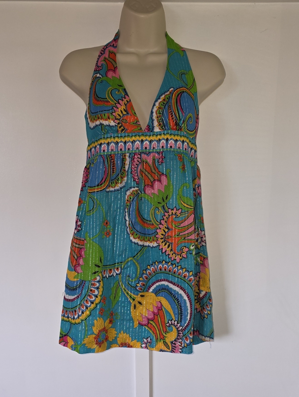 Trina Turk Paisley Metallic Turquoise Halter Dress Size 4
